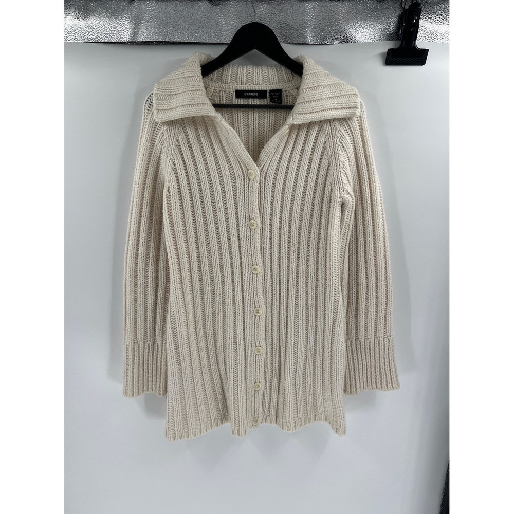 Express Beige Ribbed Knit Button Front Cardigan S… - image 1